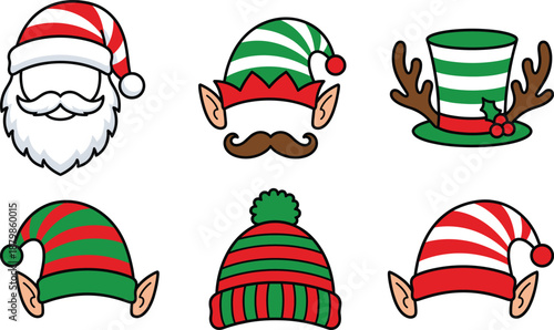 Christmas holiday cartoon icon set featuring Santa beard elf hats and festive accessories, cute seasonal vector illustrations isolated on white background designs