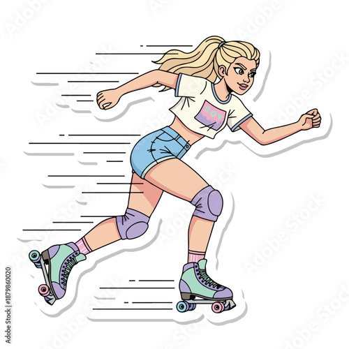 A cartoon illustration of a young woman rollerblading with motion lines on a white background wearing protective gear.
