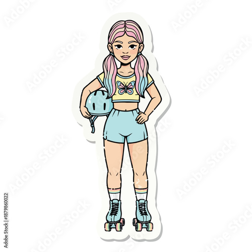 A cartoon illustration of a young girl with pink hair wearing roller skates and holding a helmet in a playful pose against a white background.
