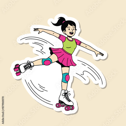 A cartoon illustration of a young girl rollerblading with motion lines on a beige background.