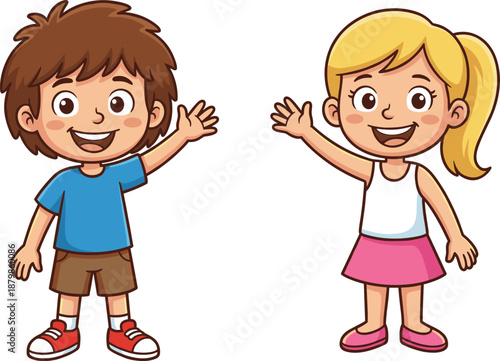 Cute cartoon boy and girl waving illustration isolated on white background for kids education, friendship concept, children character design vector art playful