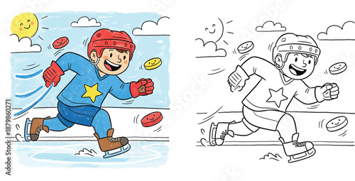Little Boy Ice Skating and Playing Hockey Cartoon Illustration with Coloring Book Page Version for Kids Activities, Winter Sports Vector Character Design for Children