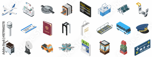 Isometric Airport Elements and Travel Icons Set: Airplane, Terminal, Check-in, Security, Baggage, and Ground Transportation Vector Illustrations.