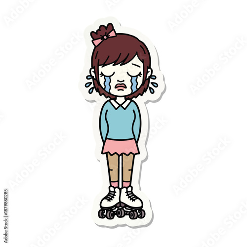 A cartoon illustration of a sad young girl crying while standing in a white background wearing roller skates and a blue shirt with a pink skirt.