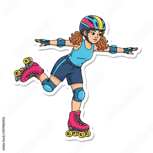 A cartoon illustration of a young girl wearing roller skates and protective gear, posing with arms outstretched on a clean white background with a playful mood.