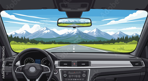 Scenic Road Trip View from Car Interior - Driving Towards Mountains and Nature.