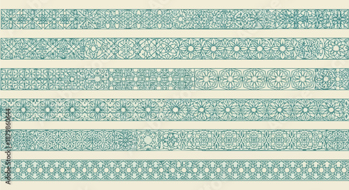 Seamless Decorative Borders with Intricate Geometric Patterns in Green Tones.