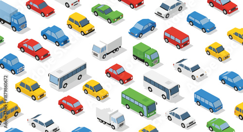 Seamless Isometric Vector Pattern of Colorful Automobiles, Trucks, and Buses on a White Background.