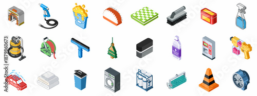 Isometric Icon Set of Professional Car Wash and Auto Detailing Equipment including Pressure Washer, Vacuum, Soap, and Cleaning Supplies.