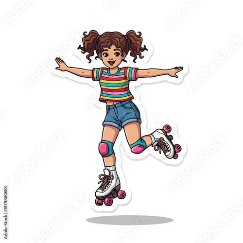 Cartoon illustration of a young girl rollerblading with pigtails and protective gear on a white background with a playful mood.