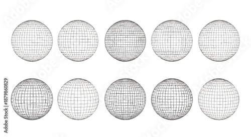 Set of 10 Wireframe Sphere Models, Geometric Grid Orb Patterns Isolated on White Background.
