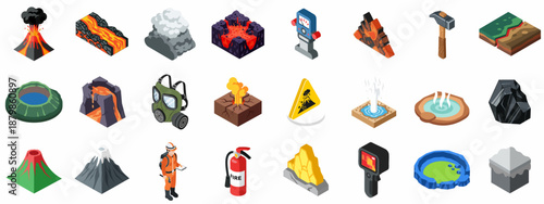 Isometric Volcanology and Geohazard Icon Set: Featuring Erupting Volcanoes, Lava Flows, Geysers, Warning Signs, Geologists, and Monitoring Equipment.