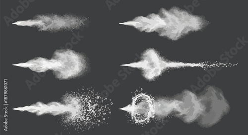 Set of realistic liquid or gas spray effects, abstract smoke or mist plumes for design.