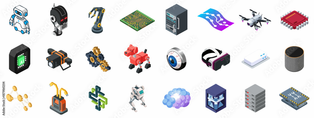 Fototapeta premium Isometric icons depicting Artificial Intelligence, Robotics, and Advanced Technology, featuring robots, CPUs, servers, drones, VR headsets, and automation tools.
