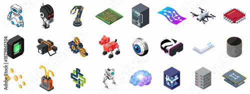 Isometric icons depicting Artificial Intelligence, Robotics, and Advanced Technology, featuring robots, CPUs, servers, drones, VR headsets, and automation tools.