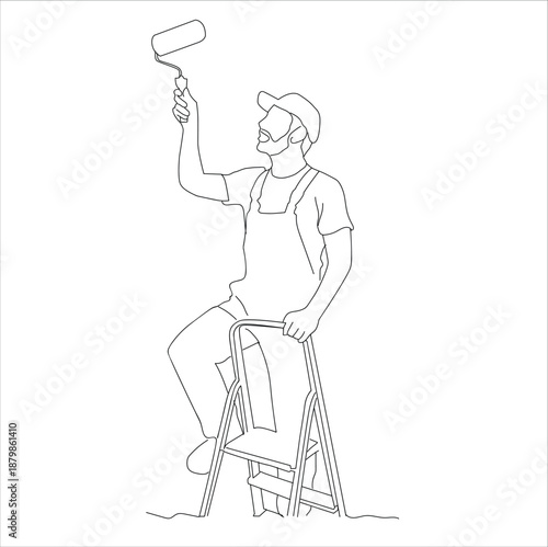 man painting with a roller brush.line art
