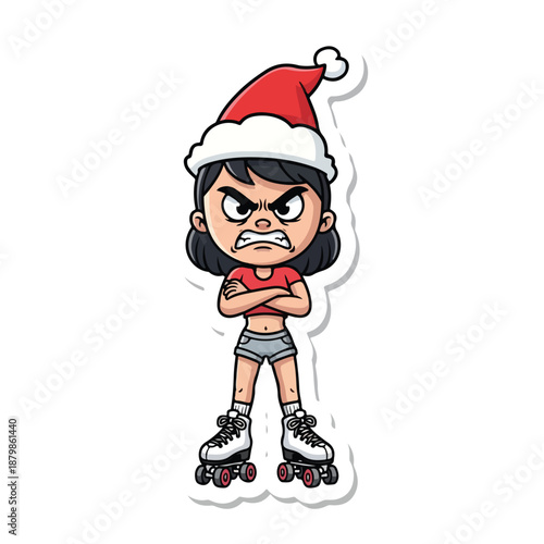 Cartoon illustration of an angry young girl wearing a Santa hat and roller skates with her arms crossed on a white background.
