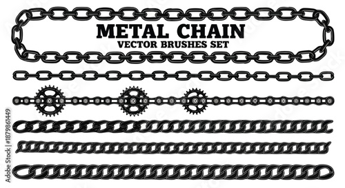 Vector Set of Diverse Heavy Duty Metal Chain Brushes and Elements in Black and White.