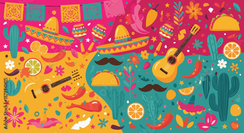 Vibrant Mexican Fiesta Background with Sombreros, Guitars, Tacos, and Fiesta Decorations.