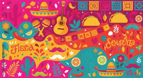 Vibrant Mexican Fiesta Pattern with Fiesta and Sabor Text, Featuring Sombrero, Guitar, Tacos, and Chili Peppers.