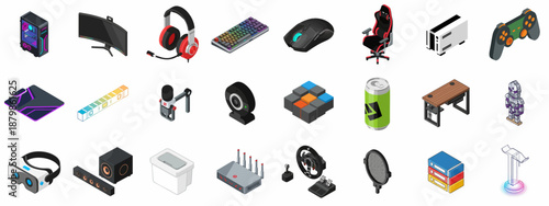 Isometric Gaming and Streaming Equipment Vector Icon Set. PC components, accessories, VR, headset, chair, and controller collection isolated on white background.