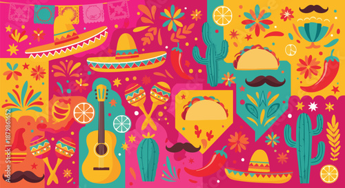 Vibrant Mexican Fiesta Pattern with Sombreros, Tacos, and Maracas for Celebrations.