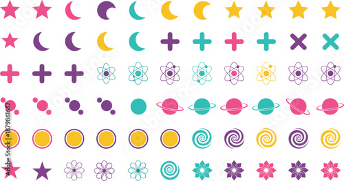 Colorful space celestial icon set with stars planets moons suns atoms and geometric shapes cad drawing flat vector illustration collection