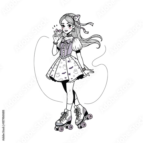 Black and white illustration of a young girl wearing roller skates and a dress, waving her hand, with a playful and carefree mood on a plain white background.