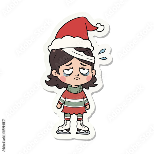 Cartoon illustration of a stressed young girl wearing a Santa hat and ice skates with a frustrated expression on a plain white background.