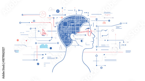 Human Head with Brain Diagram Illustration.