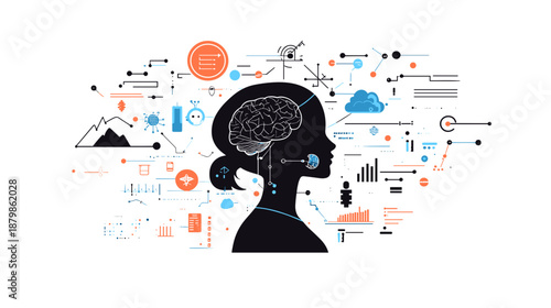 Human Head with Brain and Data.