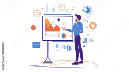 Man Analyzing Data on Presentation Screen.