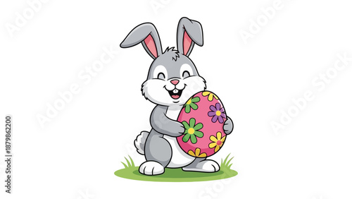 A happy Easter bunny holds an egg decorated with colorful flowers.