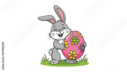 A happy Easter bunny holds an egg decorated with colorful flowers.vector eps