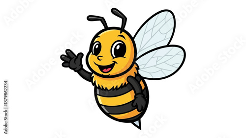 A cute cartoon bee with black and yellow stripes waving its hand.
