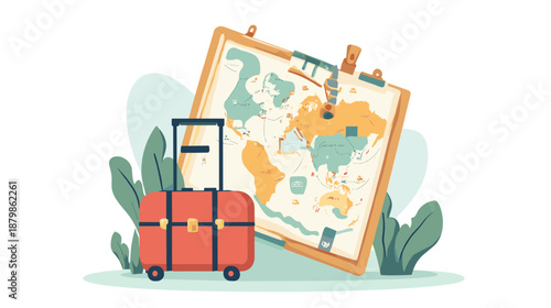 Red Suitcase and World Map Illustration.