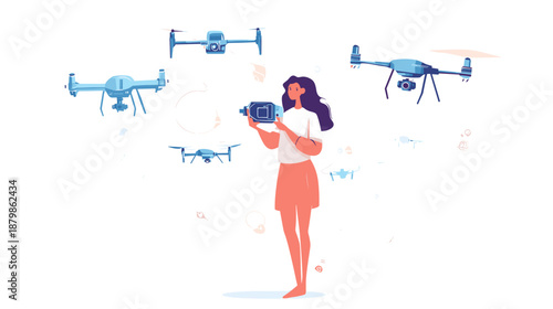 Woman Operating Drone with Remote Control.