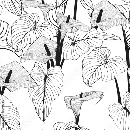 Line seamless pattern with calla flowers, design elements. Floral  pattern for invitations, cards, print, gift wrap, manufacturing, textile, fabric, wallpapers.