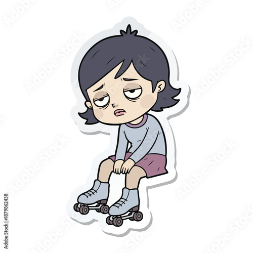A cartoon drawing of a girl sitting on roller skates with a frustrated expression on her face against a plain white background.