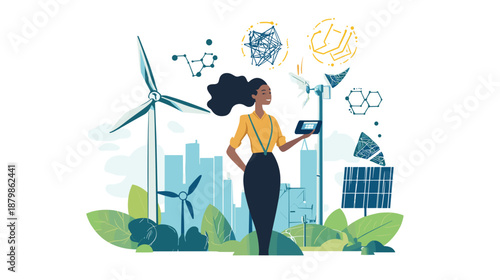 Woman surrounded by renewable energy symbols.