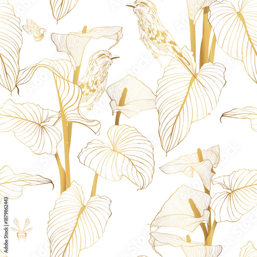 Golden line seamless pattern with calla flowers, design elements. Floral  pattern for invitations, cards, print, gift wrap, manufacturing, textile, fabric, wallpapers.