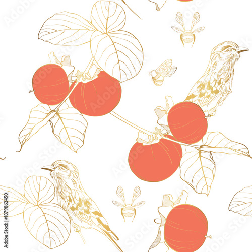 Seamless pattern of golden persimmon fruit with birds hand drawn elements botanical illustration.