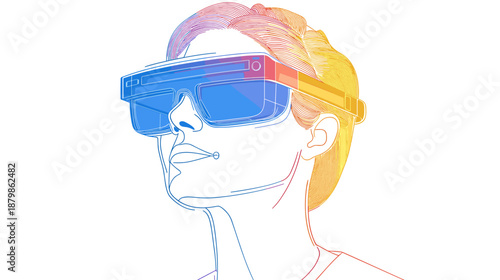 Woman wearing futuristic virtual reality goggles.