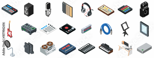 Professional Audio Production and Recording Studio Equipment Isometric Icons Set. Music Instrument, Mixing Console, Microphone, and Speaker Vector Collection.