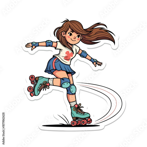 Cartoon illustration of a young girl rollerblading with protective gear on a white background with a playful mood.