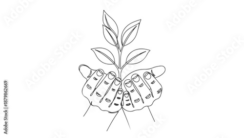 Single Line Art Continuous Drawing of Hands Gently Holding a Growing Plant Seedling with Leaves