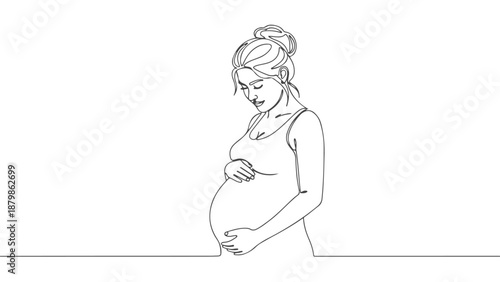 Continuous one line art illustration of a pregnant woman's profile, a graceful and delicate depiction of motherhood