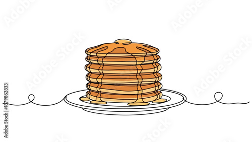 A Whimsical One Line Art Continuous Drawing of a Stack of Delicious Pancakes Drizzled with Syrup on a Plate