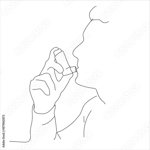 people taking asthma medication. Asthma woman. One line drawing for different uses. Vector illustration.