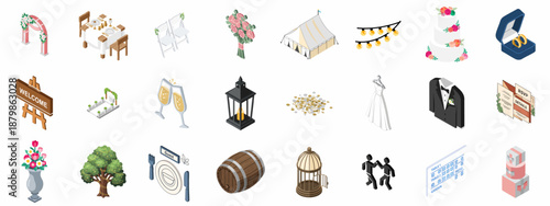 Wedding accessories and celebration elements isometric icons set: rings, arch, cake, flowers, dress, tuxedo, venue decor, and stationery.